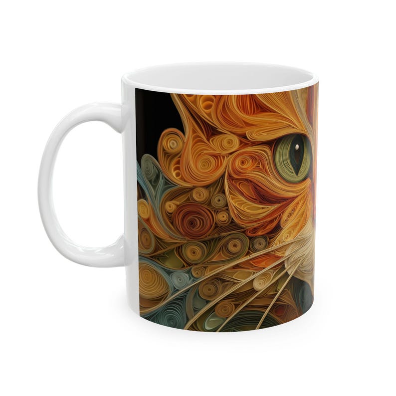 Nyckfull orange kattkaffekopp, kattmugg i quilling-stil, färgglad virvelkonst keramikmugg, unik present till kattälskare bild 5