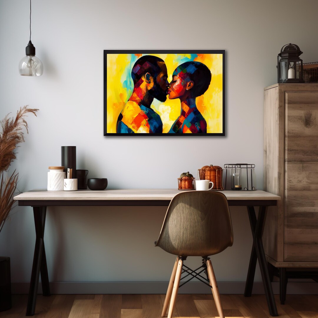 Black Abstract Lovers, Black Man & Woman Print, Man and Woman Kissing ...