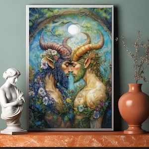 May include: A painting of two green-skinned figures with horns and flowers in their hair, embracing under a full moon in a forest setting.