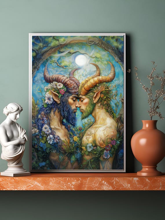 Satyr Lovers Poster Print, Male Lover Print, LGBTQ Friendly Art, Gay Man Art Prints, Gay Pride Art for Home Decorating