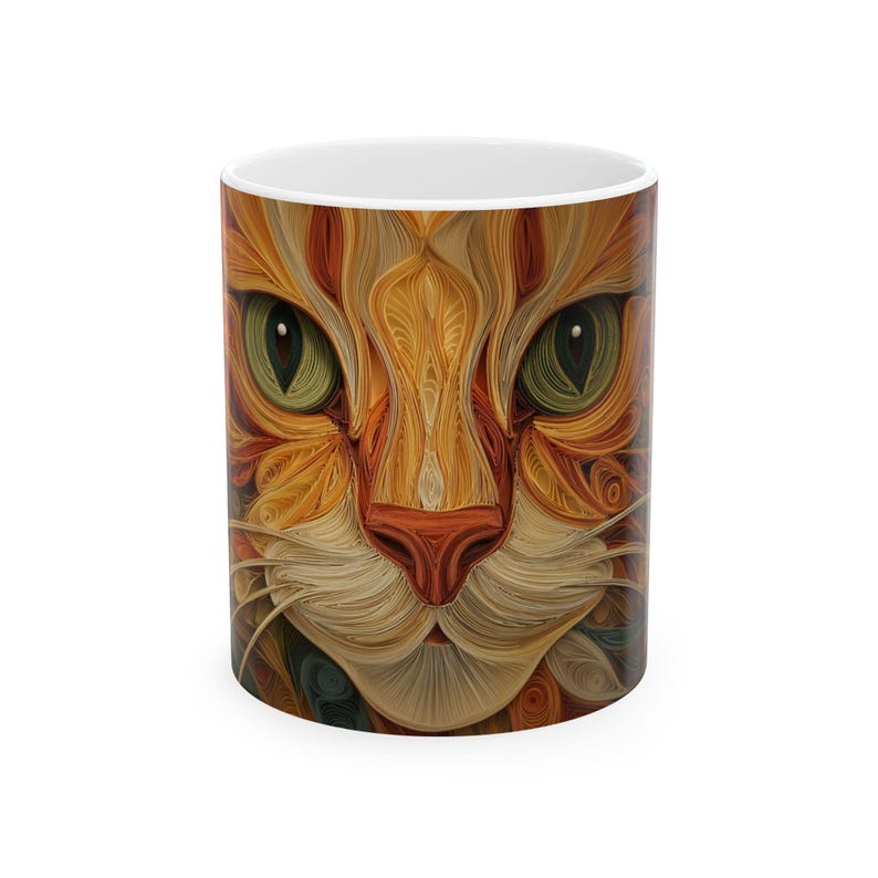 Nyckfull orange kattkaffekopp, kattmugg i quilling-stil, färgglad virvelkonst keramikmugg, unik present till kattälskare bild 2
