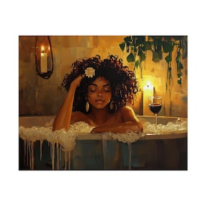 Póster de baño de burbujas de mujer negra, arte de mujer negra, arte mural de niña negra, mujer africana con vino y baño, arte afro negro, "El negro es hermoso" imagen 2
