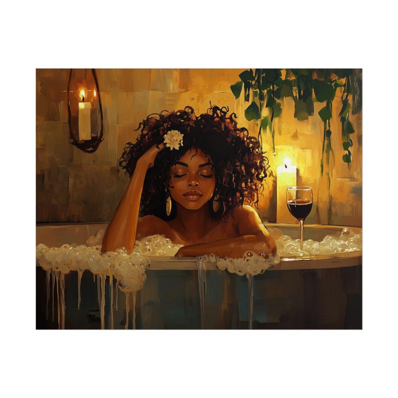 Póster de baño de burbujas de mujer negra, arte de mujer negra, arte mural de niña negra, mujer africana con vino y baño, arte afro negro, "El negro es hermoso" imagen 2