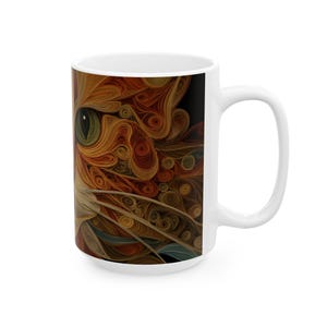 Nyckfull orange kattkaffekopp, kattmugg i quilling-stil, färgglad virvelkonst keramikmugg, unik present till kattälskare bild 6