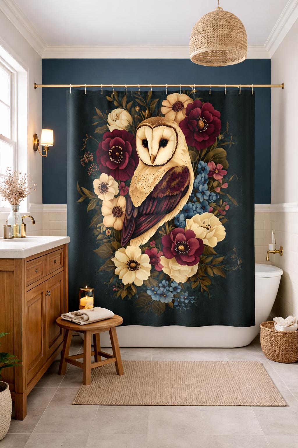 Barn Owl Floral Shower Curtain, Folk Art Botanical Bath Print, Vintage Storybook Art
