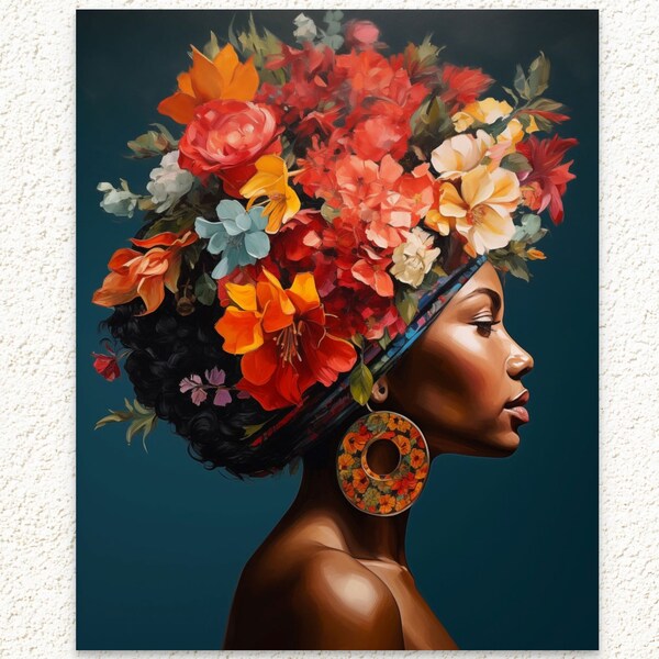 Floral Head Woman Print, African Flower Head Lady Wall Art, Black Woman with Floral Hair, Garden and Floral Art, Black Girl Beauty Art