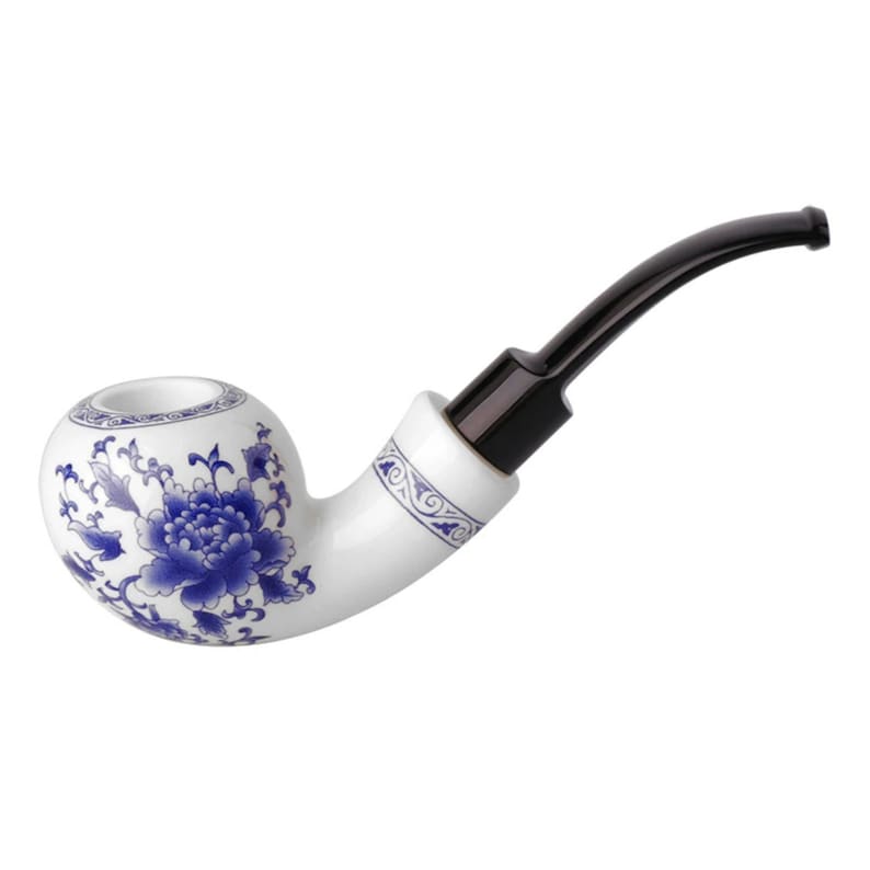 May include: A white ceramic pipe with a blue and white floral design. The pipe has a black mouthpiece.