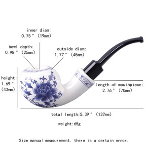 May include: A white ceramic pipe with a blue and white floral design. The pipe has a black mouthpiece and measures 5.39 inches in length. The pipe weighs 65 grams.