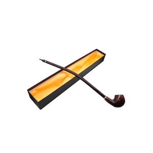 May include: A dark brown smoking pipe with a curved stem and a rounded bowl, displayed in a black box with a yellow satin lining. The pipe features a silver band near the bowl.