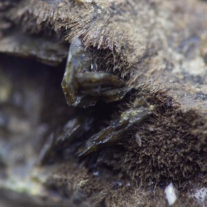 May include: Close-up of a mineral specimen with a rough, textured surface. The rock is primarily dark gray and brown, with crystalline structures and a fibrous texture. The mineral has a natural, earthy appearance.