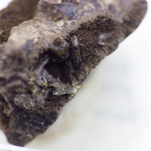 May include: Close-up of a rough, dark brown rock formation with a textured surface. The rock has a layered appearance with small, crystalline structures visible in some areas. The background is a bright white.