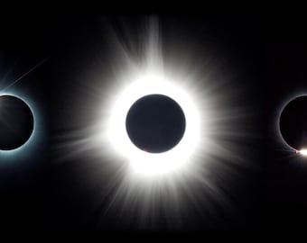 Panorama do eclipse solar total de 2024 (Anéis de diamante, Lua escura com coroa solar)