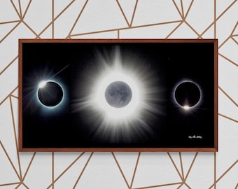 Impressão artística panorâmica do eclipse solar total de 2024 (Earthshine)