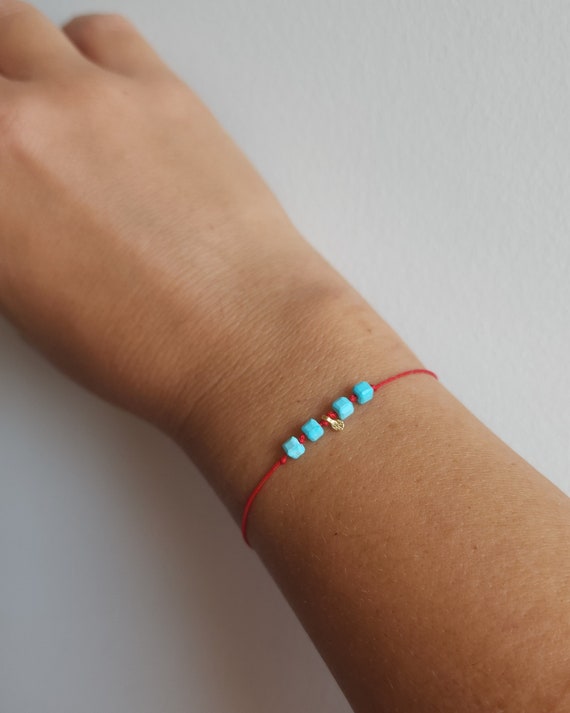 Gold Plated Silver Turquoise Bracelet: Red Cord Adjustable Bracelet
