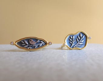 Leaves and Bird Carved Oxidized and Gold Plated 925 Sterling Silver Rings, Adjustable Open Rings