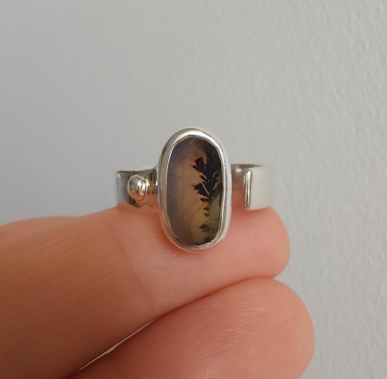 One of a Kind Handmade 925 Sterling Silver Dendritic Agate Ring, Artisan Unique Plant Ring, Botanical Scenic Jewelry, Adjustable Agate Ring