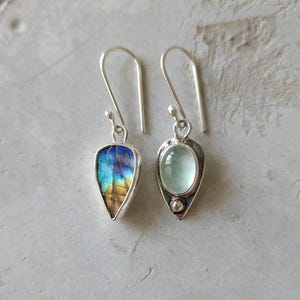 Asymmetric Aquamarine Labradorite Earrings: Sterling Silver Dangle Jewelry