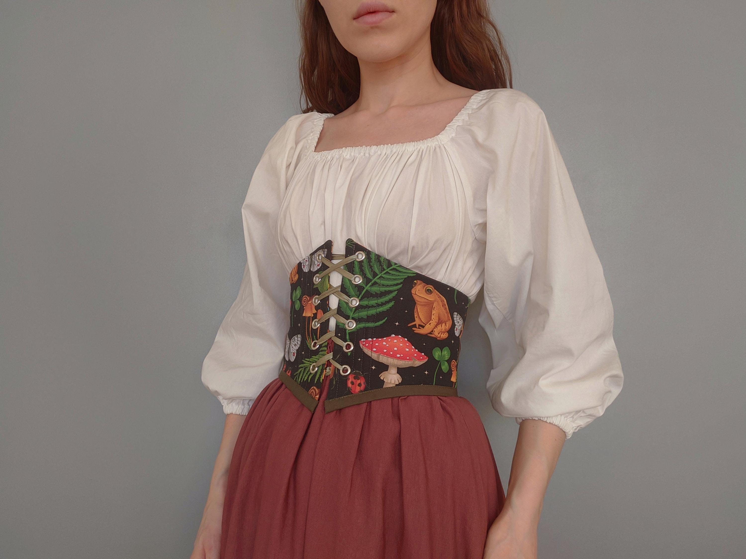 Custom corset, reversible corset belt, underbust corset, renaissance stays corset, mushroom corset, plus size bodice, frog cottagecore top