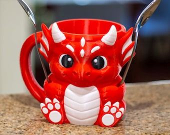Funda de postre de fantasía con ranuras para cucharas y porta pintas de dragón Chibi