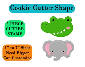Safari Animal Faces Cookie and Fondant Cutter Set - Featuring Crocodile Elephant