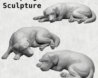 May include: Three gray, ceramic sculptures of Labrador Retrievers in different sleeping positions. The sculptures are realistic and detailed, capturing the dogs' relaxed postures.