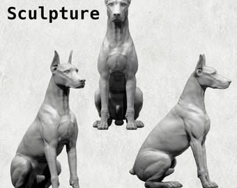 May include: Three gray Doberman Pinscher sculptures in different poses. The sculptures are realistic and detailed, capturing the breed's muscular build and distinctive features.