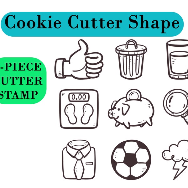 Cookie Cutter Shapes: Thumb, Trash Can, Piggy Bank, Shirt, Soccer Ball, and Lightning Outline Designs for Cookies, Fondant, and Clay