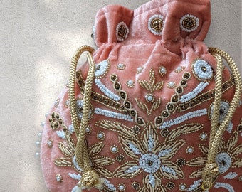 Velvet Pink Embroidered Potli Bag