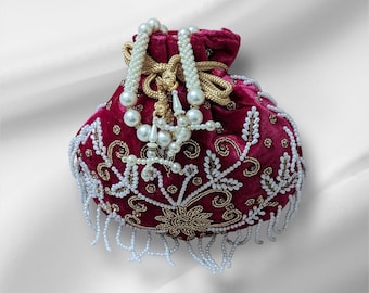 Maroon Velvet Embroidered Potli Bag