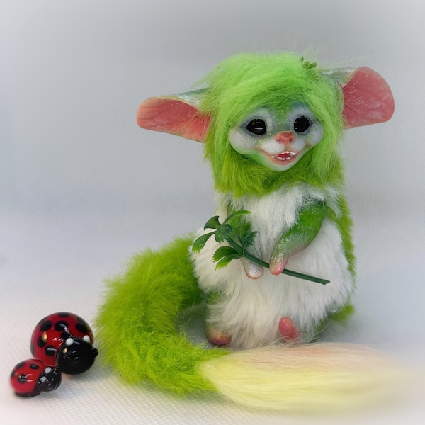 OOAK Fantasy Art Doll Pip, Spring Spirit Creature Collectible, Polymer Clay + Faux Fur, Mixed Media Art Toy
