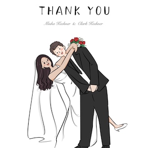 Tarjeta de agradecimiento de boda con retrato de pareja personalizado, invitación de boda, ilustración personalizada de novios, PNG/JPG imprimible