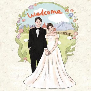 Benutzerdefinierte Hochzeitseinladungen mit Paar & Haustier Illustrationen | Personalisierte Porträt-Einladungen | Blumige Antwortkarten