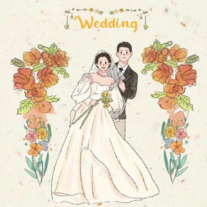 カップルとペットのイラスト入りのカスタム結婚式招待状 | パーソナライズされた肖像画の招待状 | 花柄のパーソナライズされた RSVP と日付の保存