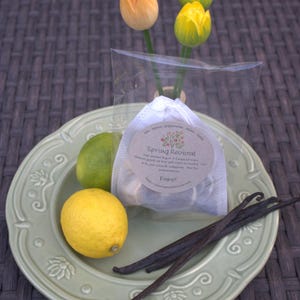 May include: A green plate with a white pouch labeled "Spring Revival" with a floral design. The pouch contains a blend of lime, lemon, peppermint, and vanilla. The plate also has three vanilla beans and two lemons.