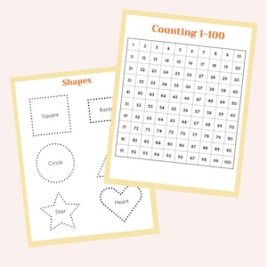May include: Two educational worksheets with a light yellow border. One worksheet has shapes like a square, circle, and star. The other worksheet has a grid for counting from 1 to 100. The text on the worksheets is in black.