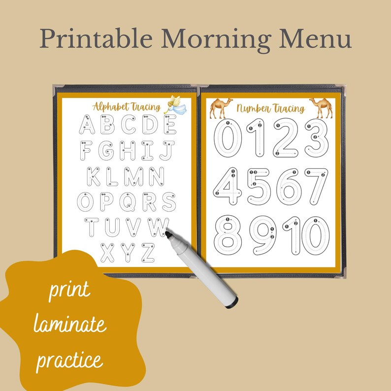 May include: A laminated educational activity set with the text "Printable Morning Menu." The set includes alphabet and number tracing pages, with the words "Alphabet Tracing" and "Number Tracing" at the top. A white marker is placed on the pages.