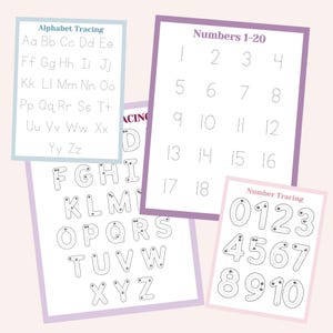 May include: Four educational tracing sheets for children. The sheets include the alphabet, numbers 1-20, and number tracing from 0-10. The sheets have a white background with a light purple border and text in black.