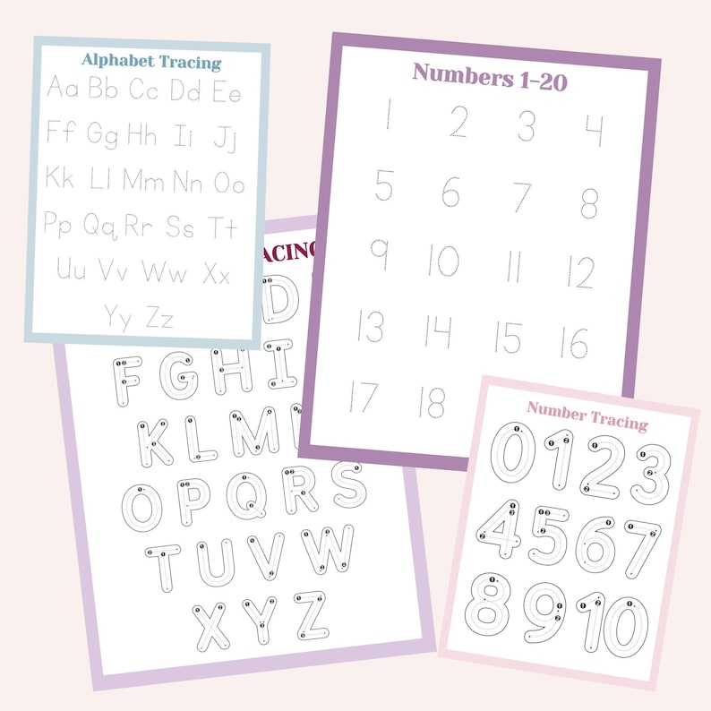 May include: Four educational tracing sheets for children. The sheets include the alphabet, numbers 1-20, and number tracing from 0-10. The sheets have a white background with a light purple border and text in black.