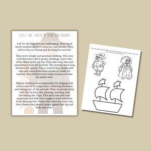 May include: Black and white colouring page featuring a pilgrim man and woman, a ship, and the text "Tell me about the Pilgrims".