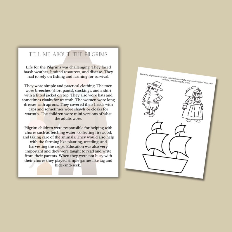 May include: Black and white colouring page featuring a pilgrim man and woman, a ship, and the text "Tell me about the Pilgrims".