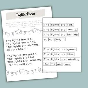 K&ouml;nnte beinhalten: Ein druckbares Arbeitsblatt f&uuml;r Kinder, um Farben und Lichter kennenzulernen. Das Arbeitsblatt enth&auml;lt ein Gedicht &uuml;ber Lichter, die rot, wei&szlig;, gr&uuml;n, blau und funkelnd sind. Das Gedicht ist auf wei&szlig;em Hintergrund mit schwarzem Text gedruckt. Das Arbeitsblatt enth&auml;lt auch einen Satz von Ausschneidew&ouml;rtern, die verwendet werden k&ouml;nnen, um das Gedicht zu vervollst&auml;ndigen.