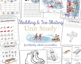 Sledding and Ice Skating Mini Unit Study, Christmas Printable Worksheets, Homeschool Printable, Montessori, INSTANT download, Christmas PDFs