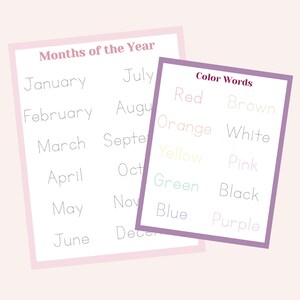 May include: Two educational printables on a light pink background. One lists the months of the year, the other lists color words. The text is in a handwritten style, perfect for learning and educational purposes.
