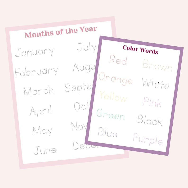 May include: Two educational printables on a light pink background. One lists the months of the year, the other lists color words. The text is in a handwritten style, perfect for learning and educational purposes.