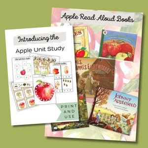 May include: A collection of children's books about apples, including "How Do Apples Grow?" and "Johnny Appleseed". The books are displayed on a pink background with a watercolor effect. The image also includes a printable apple unit study with activities for kids.