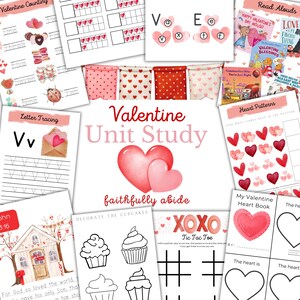 Mini estudio de unidad para el Día de San Valentín, actividades con corazones para San Valentín, escritura a mano, imprimible, Montessori, educación en el hogar, trazado de letras, descarga INSTANTÁNEA