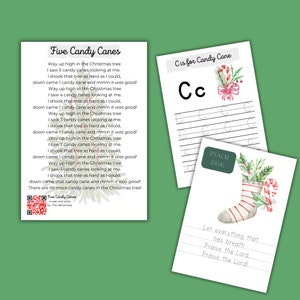 K&ouml;nnte beinhalten: Ein druckbares Weihnachts-Aktivit&auml;tsblatt mit einem Lied &uuml;ber Zuckerstangen, einem &Uuml;bungs-Blatt f&uuml;r den Buchstaben C und einem Strumpf mit einer Zuckerstange. Der Text auf dem Blatt lautet "Five Candy Canes" und "C is for Candy Cane".