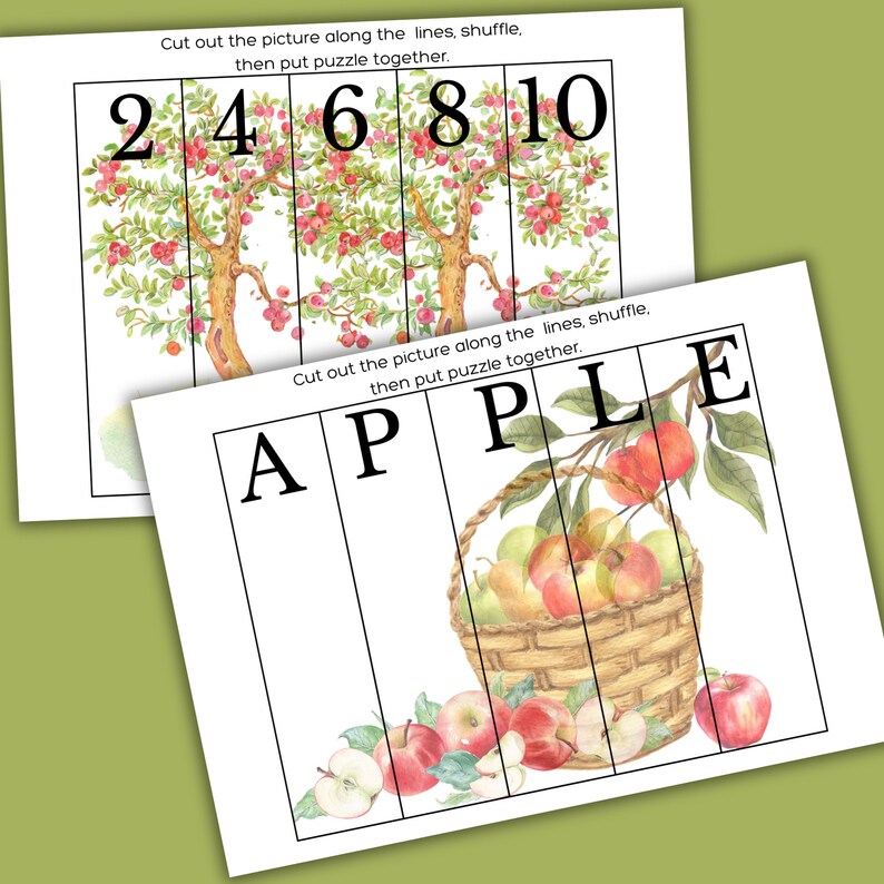 May include: A printable puzzle for kids featuring a picture of apple trees with red apples and a basket of apples. The puzzle is divided into five sections with the numbers 2, 4, 6, 8, and 10 printed on each section. The word "APPLE" is printed on the bottom of the puzzle.