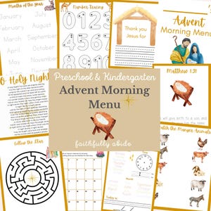 Puede incluir: Una colección de páginas imprimibles del Menú de la Mañana de Adviento para preescolar y jardín de infancia. Incluye el trazado de números, un laberinto, un calendario e ilustraciones del pesebre y animales. El texto incluye "Advent Morning Menu" y "faithfully abide".