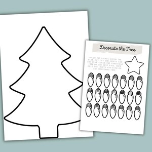 K&ouml;nnte beinhalten: Eine druckbare Weihnachtsbaum-Bastelvorlage f&uuml;r Kinder. Die Seite enth&auml;lt eine schwarz-wei&szlig;e Umrisszeichnung eines Weihnachtsbaums, eines Sterns und eines Blattes mit Weihnachtslichtern zum Ausmalen und Ausschneiden. Die Anleitung lautet: Male die Lichter und den Stern aus, schneide sie aus, male den Weihnachtsbaum aus und klebe dann die Lichter und den Stern auf den Baum.